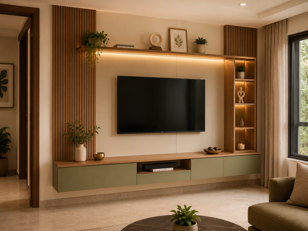 Luxury entertainment wall with TV panel and shelves in Kurnool